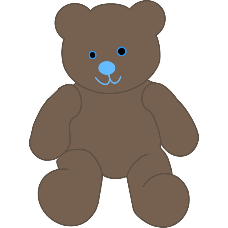 A drawing of a brown teddy bear. The bear is in a sitting position. The bear has light blue facial features.